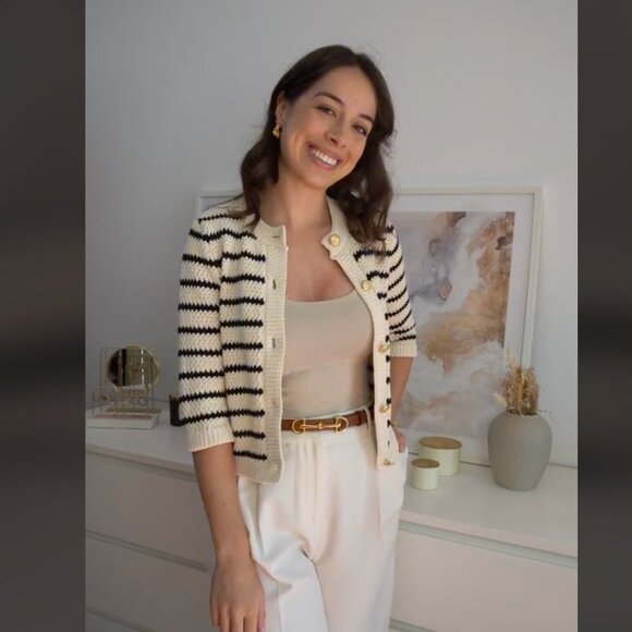 Zara women STRIPED KNIT CARDIGAN Black white stripes Gold button 6771/008 XL NWT - Picture 7 of 13